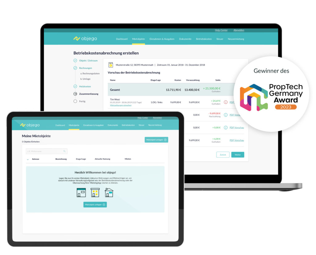 Produkt Mockup mit Screen von Tablet und Laptop. Auf der rechten Seite ist ein Stoerer zum Gewinn des Proptech Awards 2023