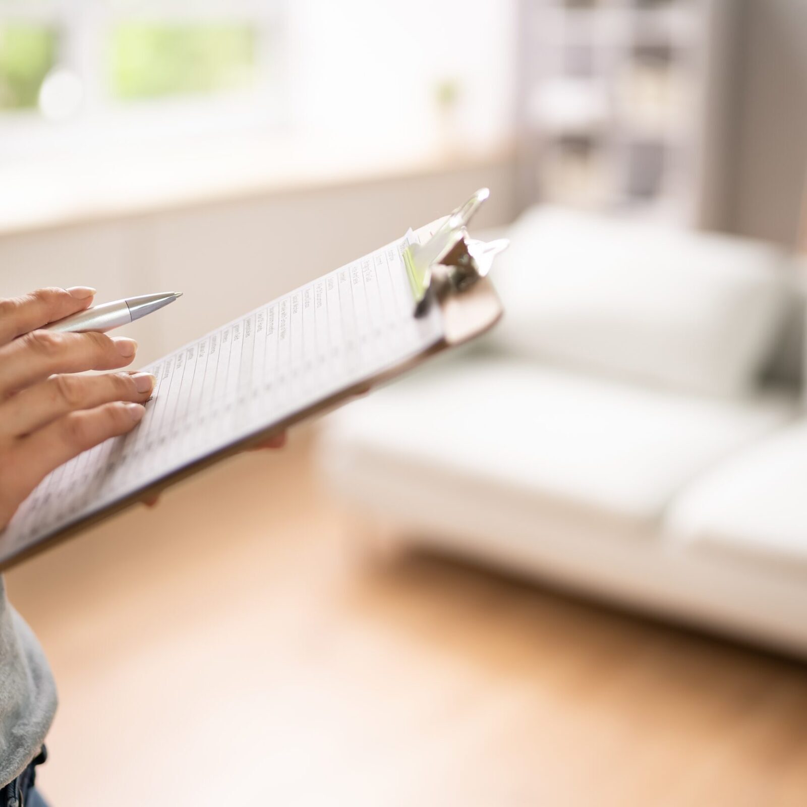 Betretungsrecht bei Sanierungsbedarf: Nahaufnahme eines Klemmbretts, das von einer Person in der linken Hand gehalten wird. Die rechte Hand umfasst einen Stift. Zwei Finger ruhen auf dem Dokument, welches im Klemmbrett eingespannt ist. Im Hintergrund sind ein hellbrauner Boden, ein weisses Sofa und ein grosses Fenster zu sehen.